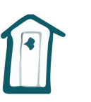 light blue, green, and white logo of a shed