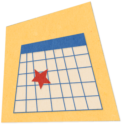 blue illustration of a calendar with a red star over a date, on a yellow polygon background