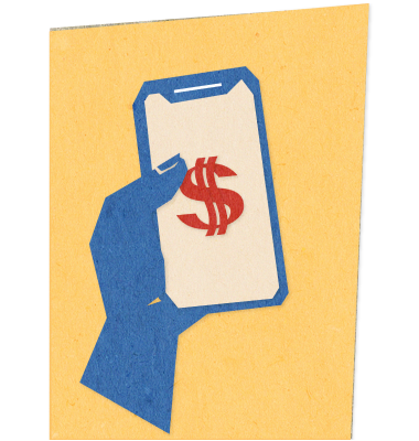 blue illustration of a hand holding a phone that shows a red dollar sign on screen, on a yellow polygon background