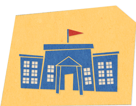 blue illustration of a school building with a red flag on a yellow polygon background